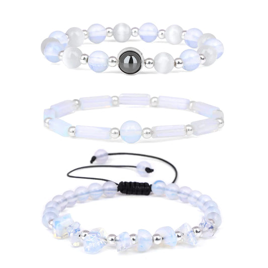 Risyfjew Natural Gemstone Healing Bracelets – Opal & Moonstone (Set of 3)