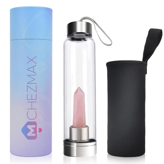ChezMax Crystal Glass Water Bottle – Energizing Elixir Bottle with Interchangeable Natural Gemstone Core