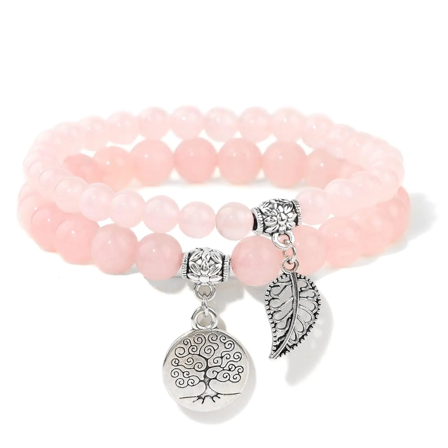 Rose Quartz Bracelets for Women – Set of 2 with Tree of Life & Leaf Charms