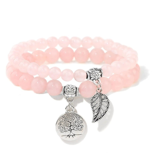 Rose Quartz Bracelets for Women – Set of 2 with Tree of Life & Leaf Charms
