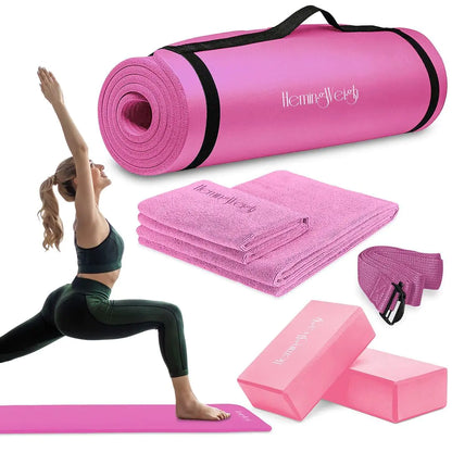 HemingWeigh Pink Yoga Mat Set – Complete 6-Piece Kit with 1/2" Thick Mat, Yoga Blocks, Strap & Towels