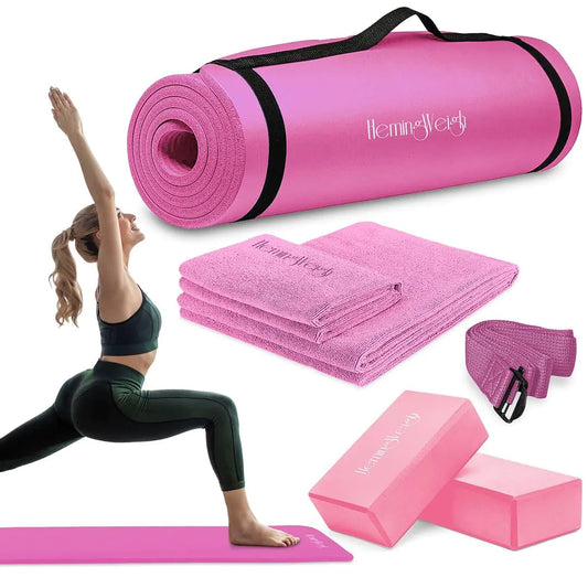 HemingWeigh Pink Yoga Mat Set – Complete 6-Piece Kit with 1/2" Thick Mat, Yoga Blocks, Strap & Towels