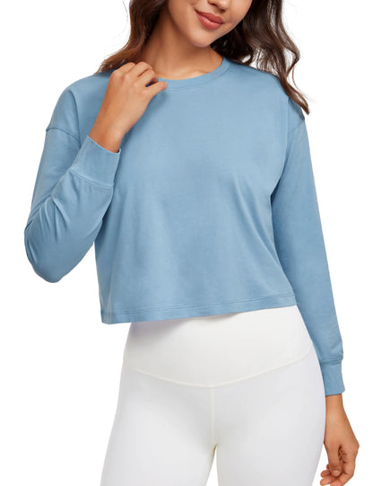 CRZ YOGA Pima Cotton Long Sleeve Crop Top – Soft, Loose-Fit Athletic Shirt for Yoga & Everyday Wear (Universe Blue, Small)