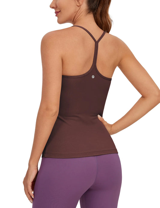 CRZ YOGA Butterluxe Spaghetti Strap Tank with Built-In Bra – Slim Fit Padded Yoga Camisole (Taupe, Medium)