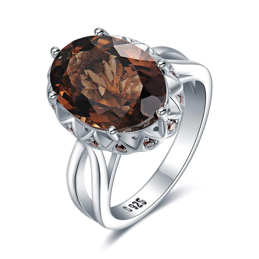 Smoky Quartz Oval Cocktail Ring — 5.7ct Natural Gemstone in 14K White Gold Plated Sterling Silver