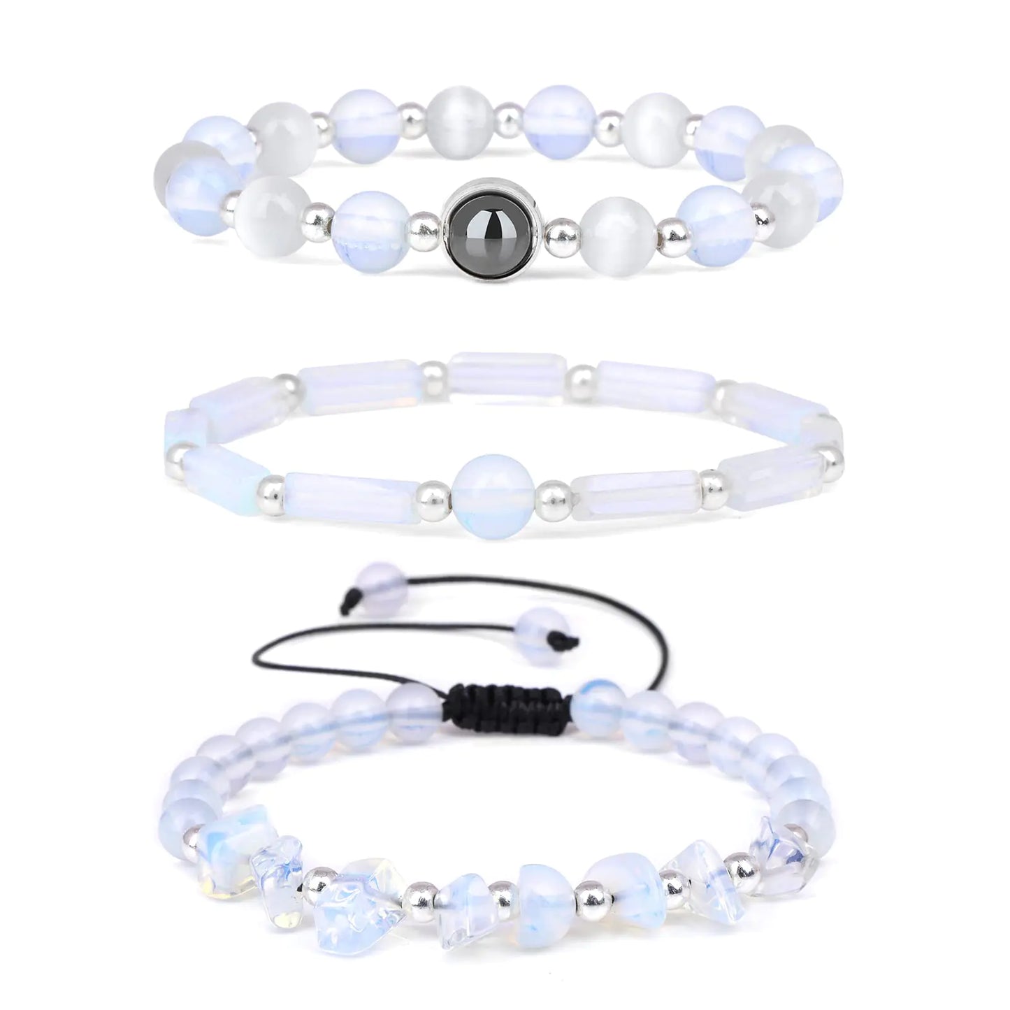 Risyfjew Natural Gemstone Healing Bracelets – Opal & Moonstone (Set of 3)