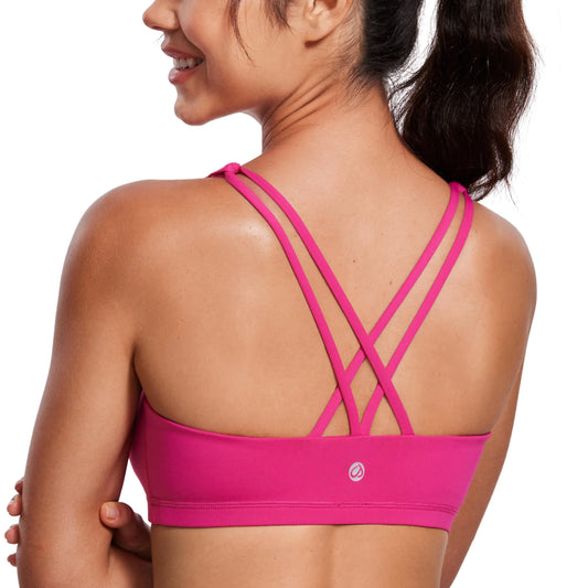 CRZ YOGA Low Impact Strappy Sports Bra – Crisscross Back Padded Yoga Bra (Granita Pink, Small)